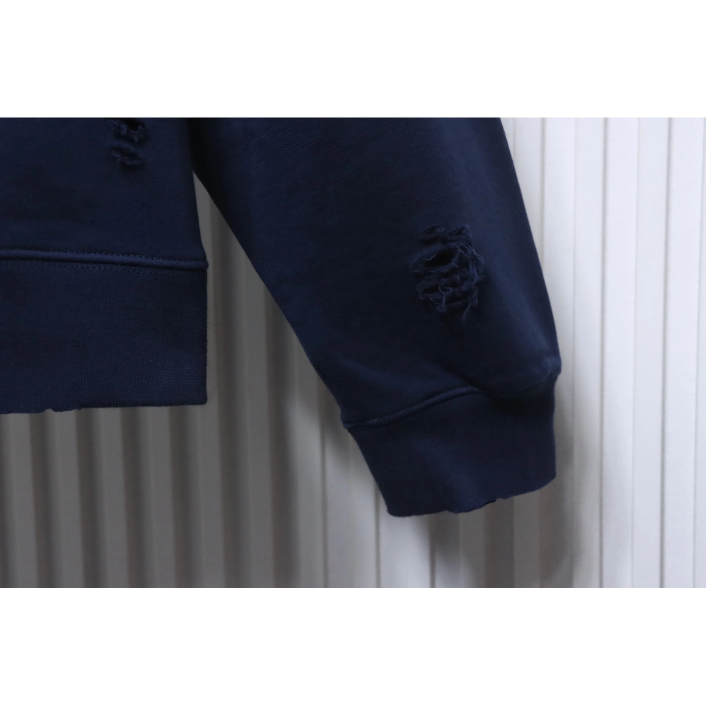 Acne Studios Distressed Crewneck Hoodie with Patch Navy Blue