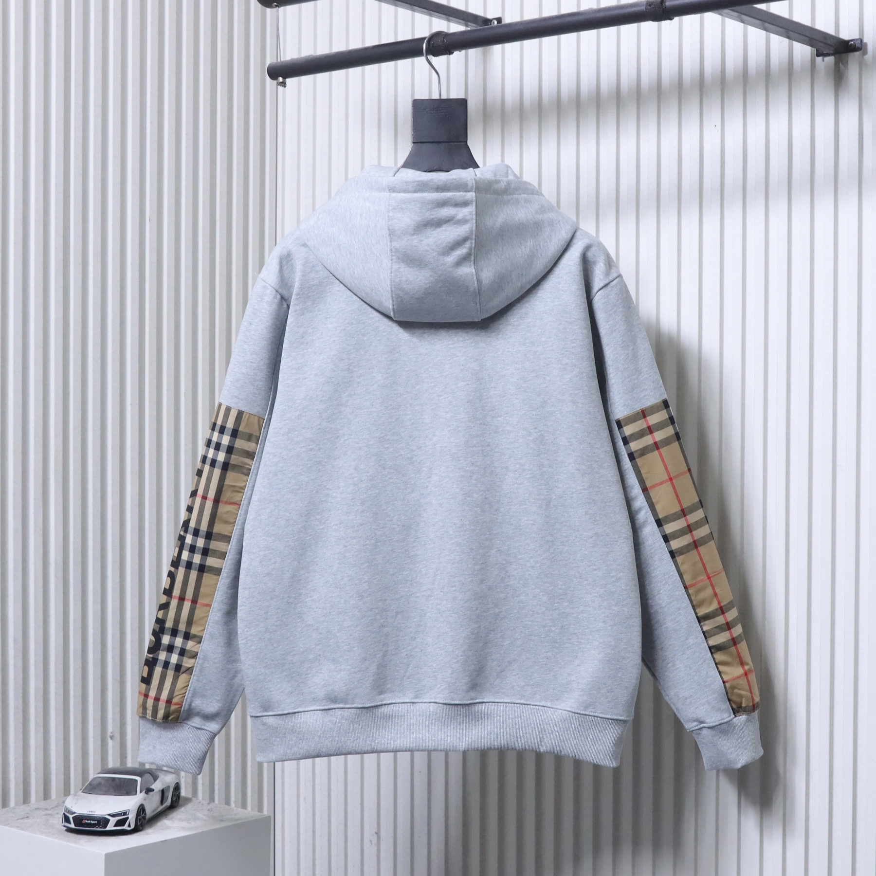 Burberry Zip-Up Hooded Jacket Side Check Print Panel Detai Grey