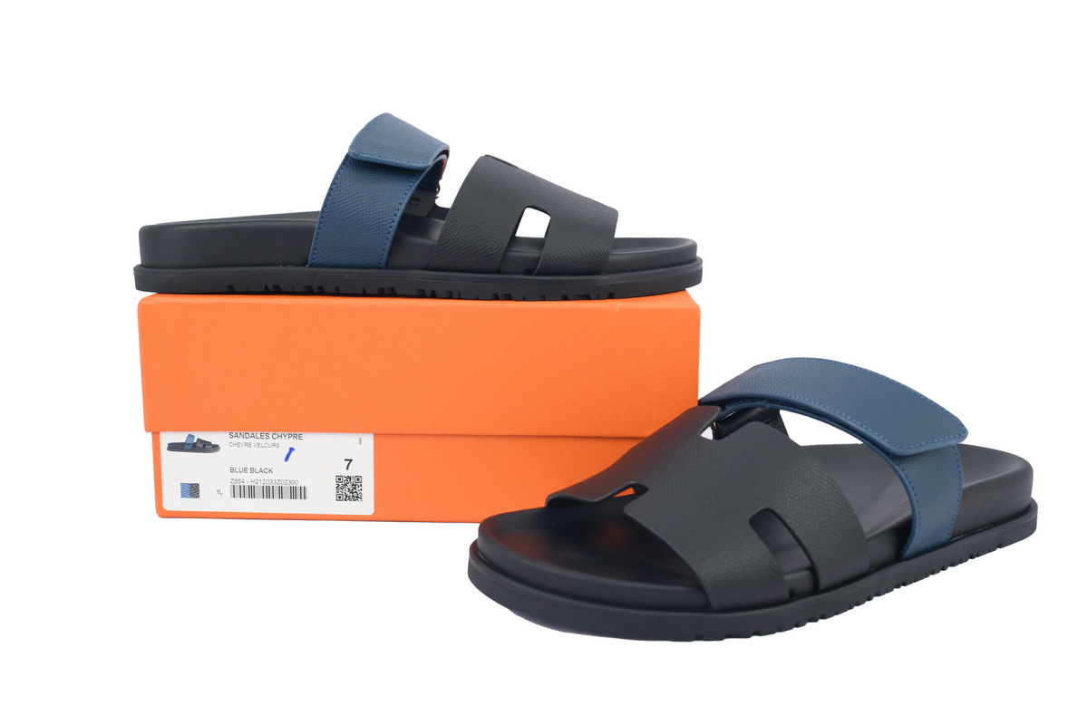 Hermes Calfskin Chypre Sandals Black Blue