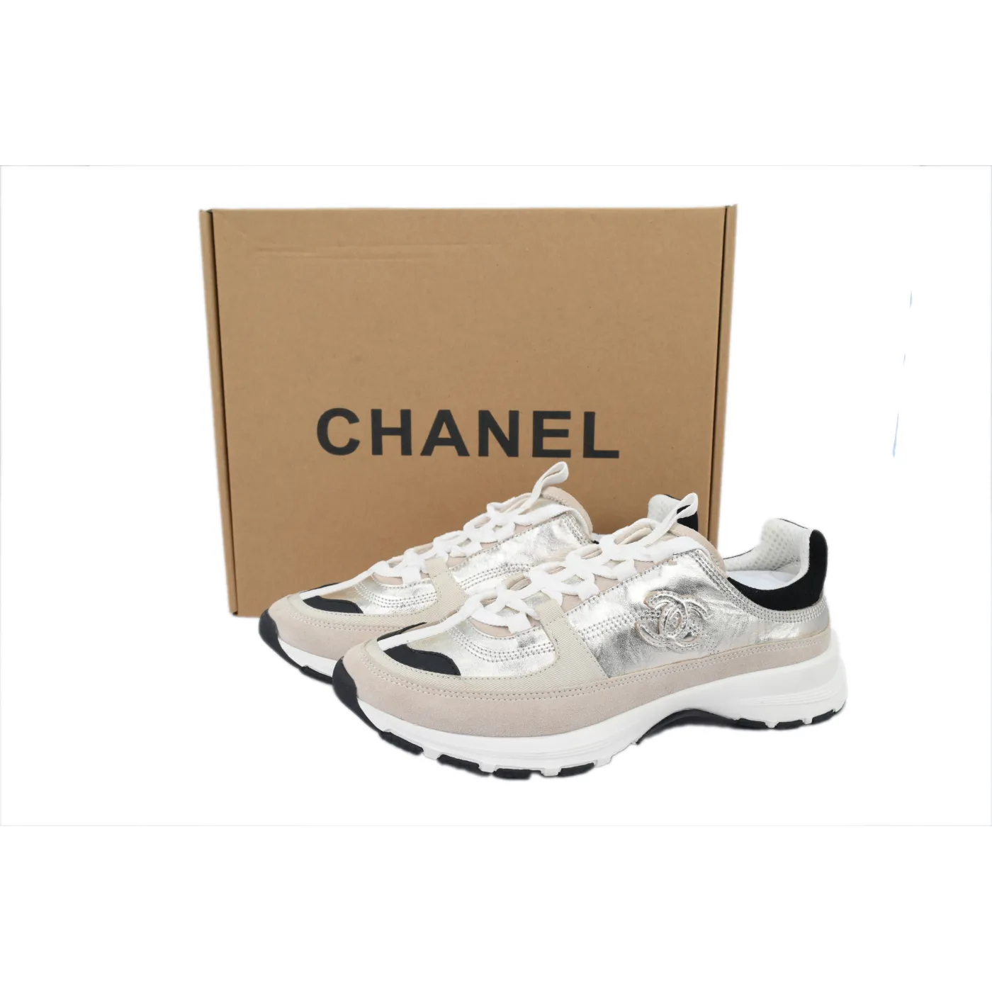 Chanel Interlocking CC Logo Laminated Calfskin & Suede Calfskin Sneakers Light Gold, Light Gray Black