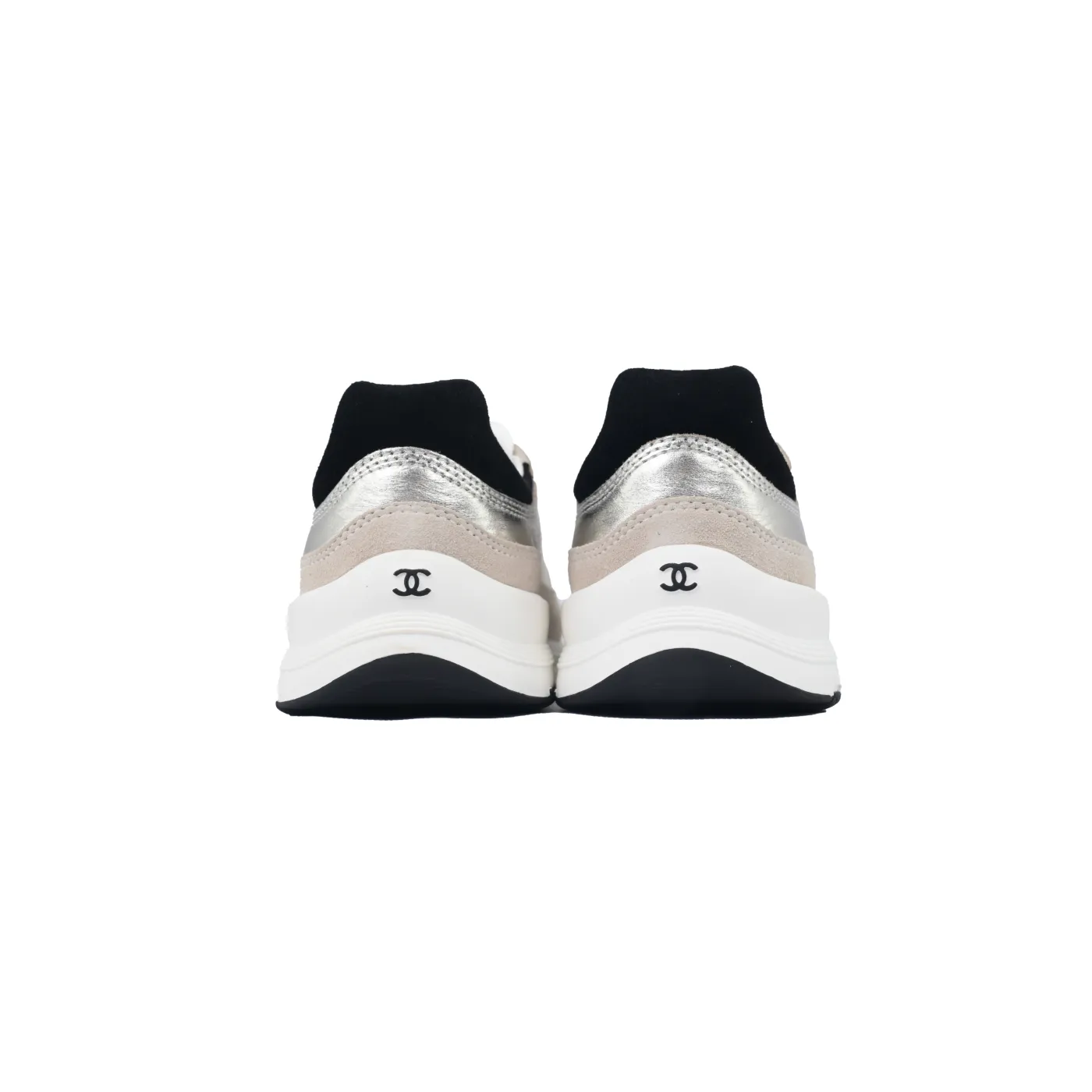 Chanel Interlocking CC Logo Laminated Calfskin & Suede Calfskin Sneakers Light Gold, Light Gray Black