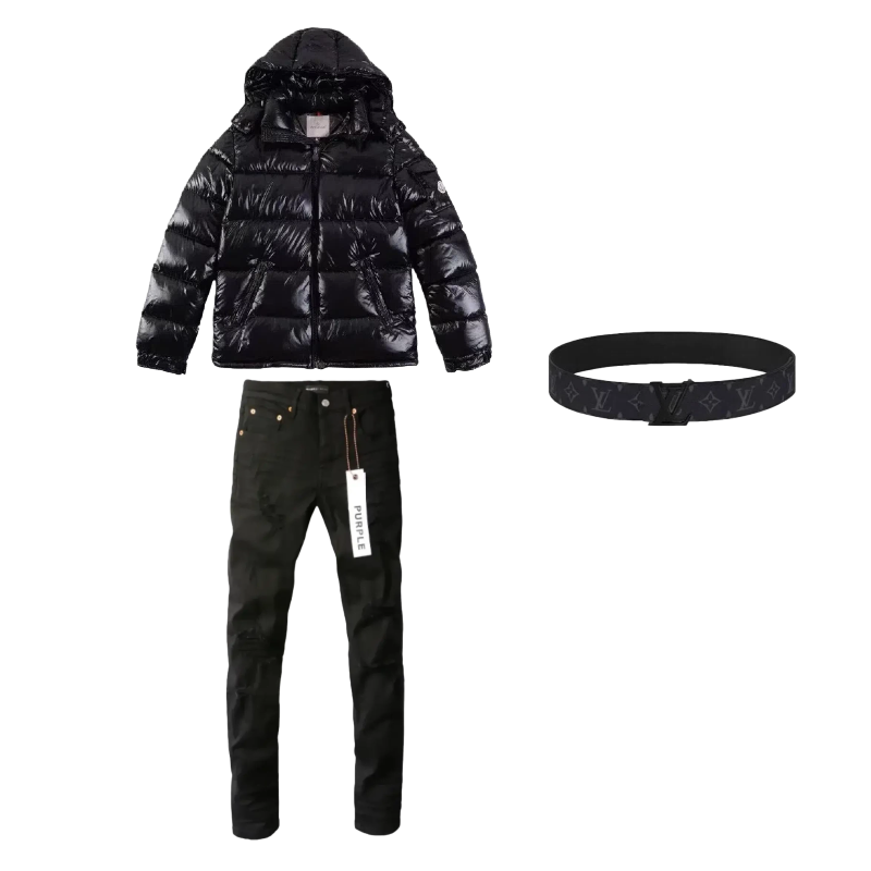 Moncler Maya Giubbotto Down Jacket Coat NFC + Purple Brand Jeans 72448 + LV Belt