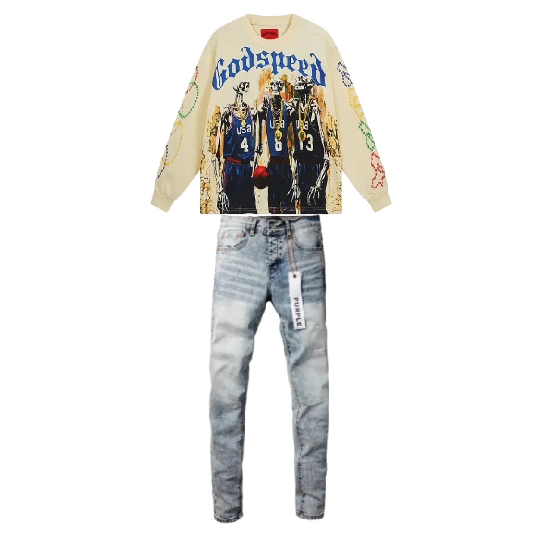 Godspeed Dream Team Long Sleeve T-shirt Apricot+Purple Brand Fashion Men Jeans